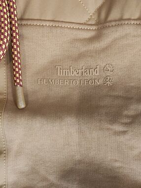 Timberland Tan Logo Cropped Hoodie with Maroon and Yellow Drawcords